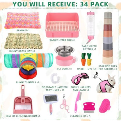 34 Pcs Rabbit Starter Kit Rabbit Litter Box Small Animal Water Bottle Cups Bunny Tunnels Animal Grooming Kit Bowl Blanket with Cleaning Set for Guinea Pig Bunny(Style 1,Light Pink)