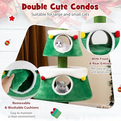 PETSITE 60 inch Cat Christmas Tree, Cute Cat Tower with 2 Condos, Sisal Scratching Posts, Spring Toy, Removable Beds, Modern Holiday Cat Tree Tower for Indoor Cats