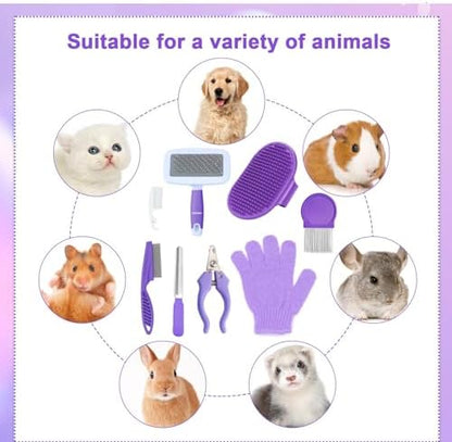 VCZONE 8 Pcs Small Animal Grooming Kit, Rabbit Grooming Kit with Pet Nail Clipper and File, Flea Comb, Pet Shampoo Bath Brush, Pet Shedding Slicker Brush, Bath Massage Glove, Cleaning Comb (Purple)
