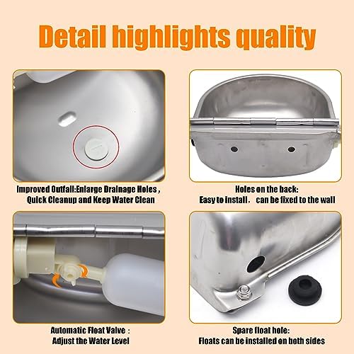 Automatic Livestock Waterer, 304 Stainless Steel Auto Fill Drinking Bowl with Float Valve, Drainage Hole & Protective Baffle, Wall Mount or Floor Stand, for Dogs, Chickens, Horses, Goats, Pigs