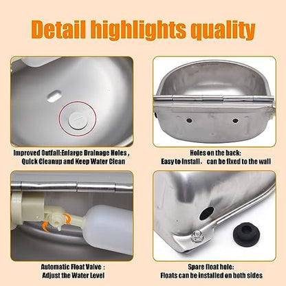 Automatic Livestock Waterer, 304 Stainless Steel Auto Fill Drinking Bowl with Float Valve, Drainage Hole & Protective Baffle, Wall Mount or Floor Stand, for Dogs, Chickens, Horses, Goats, Pigs