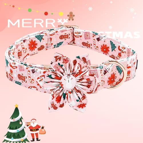 Dog Collar Christmas Gingerbread Man and Snowman Print Pet Collar Holiday Soft Dog Collars with Flower Adjustable Metal Buckle Collar for X-Large Dogs