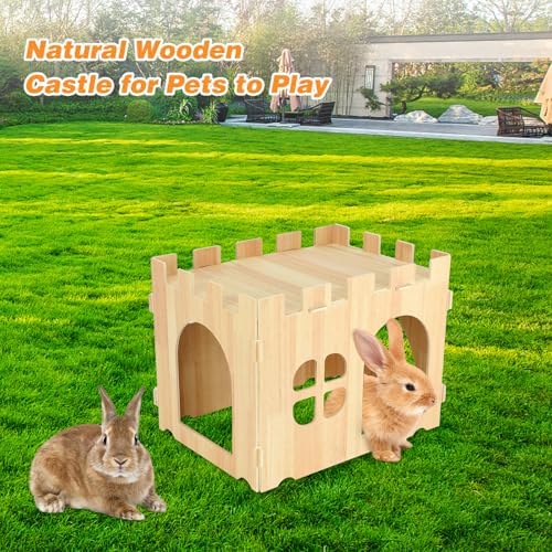 BWOGUE Large Wooden Bunny Hideout,Detachable Rabbit Castle for Small Animal