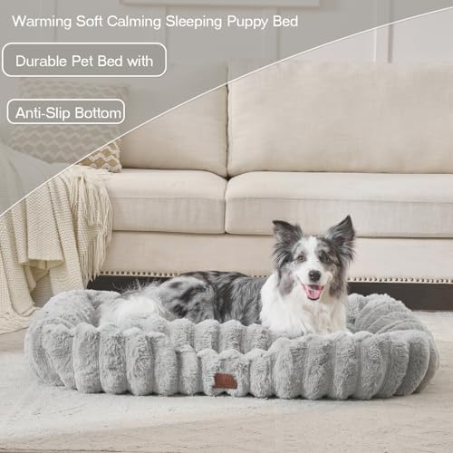 Luxury Dog Beds,Large Sized Dog Washable Furry Pet Beds,Comfort Rectangle Pet Sofa Couch with Ultra,Puppy Beds with Removable Zipper Cover,40x30x7.5inches,Light Gray