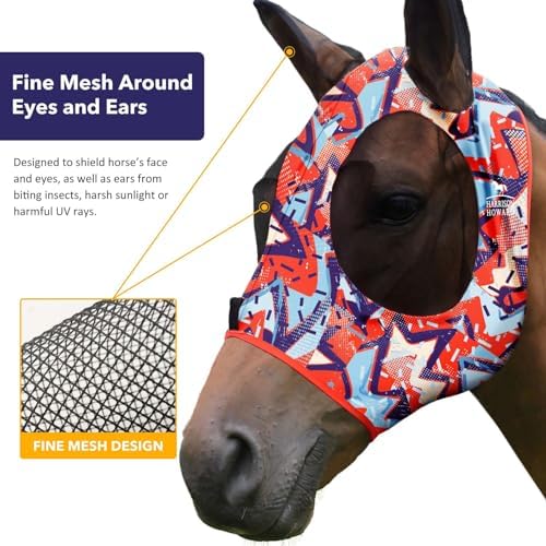 Harrison Howard Super Comfort Stretchy Fly Mask Large Eye Space with UV Protection Soft on Skin with Breathability Orange Geo Print Full Size