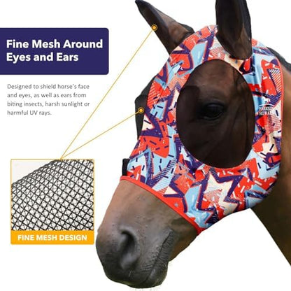 Harrison Howard Super Comfort Stretchy Fly Mask Large Eye Space with UV Protection Soft on Skin with Breathability Orange Geo Print Full Size