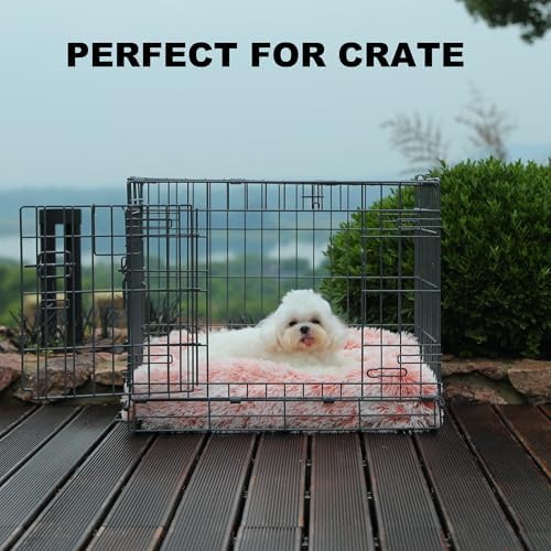 Bedfolks Plush Waterproof Dog Crate Bed, Removable Washable Cover, Faux Fur for Small Dogs & Cats, 23"x18", Pink