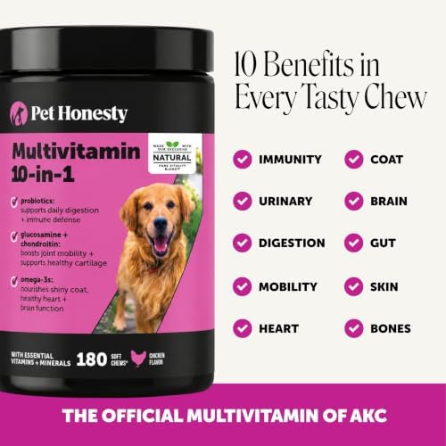 10-in-1 Dog Multivitamin Supplement with Glucosamine & Probiotics - Hip & Joint Support, Digestive Health, Immune Support, Heart & Skin - All-in-One Daily Vitamins & Omega-3s for Dogs (Chicken 180 Ct)