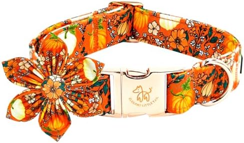Elegant little tail Fall Dog Collar, Halloween Pet Collars with Flower Cute Pumpkin Print Puppy Collar Female or Male Cotton Adjustable Collars for Small Medium Large Dogs