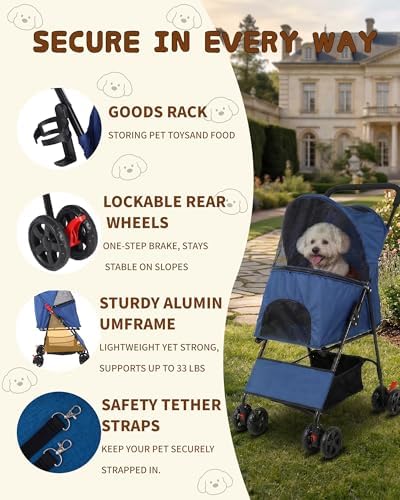 Pet Stroller for Small Dogs Cats, Lightweight Foldable Dog Stroller-Blue