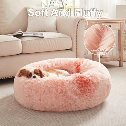 30 in Faux Fur Fluffy Donut Dog Bed for Medium Dogs,Tie-dye Pink