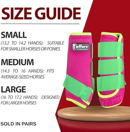 Jeffers Expression Neon Protective Horse Boots,1 Pair, Pink & Lime - Safe Neoprene Leg Guards, Durable Strap Closures, Front & Hind Support, Equestrian Accessories for Travel & Riding - Medium