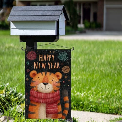 Happy New Year Garden Flag 12x18 Double Sided Vertical Linen Small Fireworks Tiger House Flag Welcome Holiday Winter House Outdoor Outside Decorations (27169)