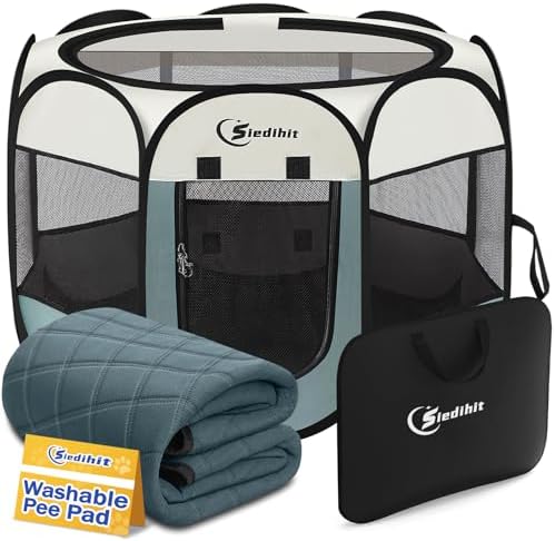 Siedihit Dog Pet Playpen Tent Crate Cage with Washable Pee Pad, Large Grey