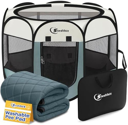 Siedihit Dog Pet Playpen Tent Crate Cage with Washable Pee Pad, Large Grey