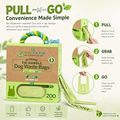 Greenbone Poop Bags for Dogs with Handles Unscented with Bonus Rope Pet Toy, 200 Count on Single Roll, Plant Based