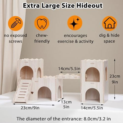 Large Hamster Hideout, Wooden Double-Decker Castle with Climb Ladder