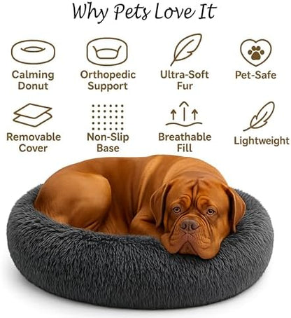 Calming Dog Bed - Fluffy Donut Cuddler for Anxiety Relief, Orthopedic Pet Bed with Non-Slip Bottom, Cozy Round Faux Fur Nest for Dogs and Cats, Plush Crate Mat for Comfort (Dark Grey, X-Large)