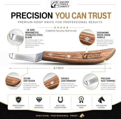 Right-Handed Farrier Hoof Knife, Curved J2 420 Magnetic Stainless Steel Blade, Ergonomic Wooden Handle, Horse Hoof Trimming Tool for Sole & Frog Paring