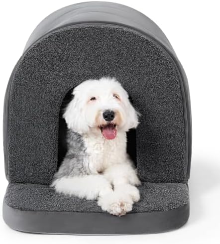 PELZIN Orthopedic Dog Bed with Cover Cave - Indoor Dog House with Porch