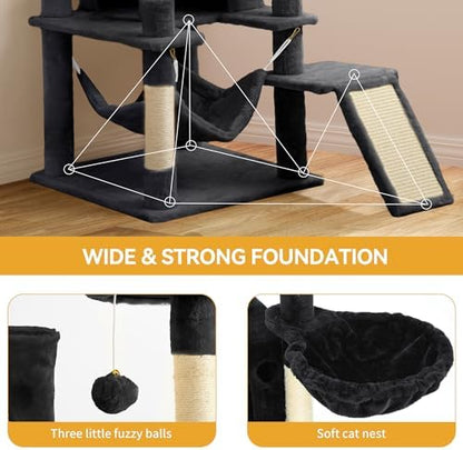 YITAHOME Tall Cat Tree for Indoor Cats, 75 inch Multi-Level Cat Tower with Cat Condos, Top Perches, Sisal Ramp Scratching Posts, Cozy Basket, Hammocks, Large Cat Pet Activity Structure, Black
