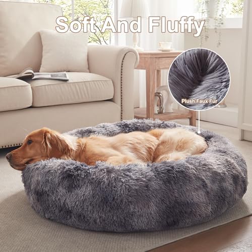 36 in Faux Fur Fluffy Donut Dog Bed for Large Dogs,Tie-dye Grey