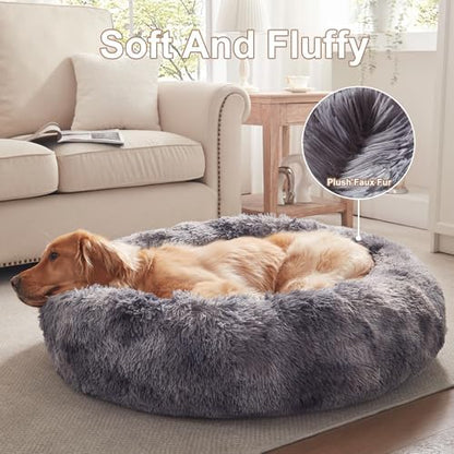 36 in Faux Fur Fluffy Donut Dog Bed for Large Dogs,Tie-dye Grey