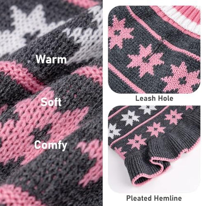KYEESE Dog Sweater Warm Dogs Clothes Fall Winter Pet Coats Dog Sweater Dress with Classic Snowflake Pattern for Small Dogs Turtleneck Pullover Knit for Girl Pet Sweater with Leash Hole, Grey, Medium