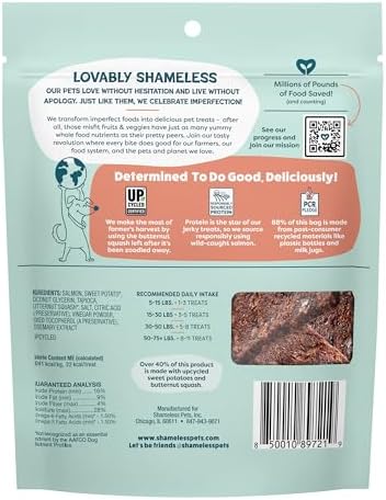 Shameless Pets Jerky Dog Treats, Salmon Loves Butternut - Healthy Dog Chews for Dogs Skin & Coat with Omega 3 & 6 - with Real Wild-Caught Salmon - Free from Grain, Corn & Soy - 1-Pack
