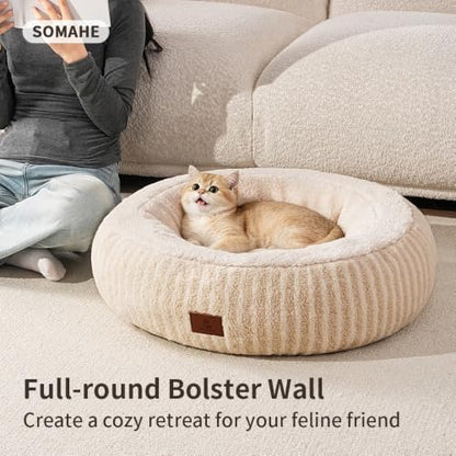 SOMAHE Donut Cat Bed, 25.6" Deep Bolster, Moon Velvet & Sherpa, Apricot