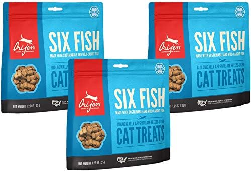ORIJEN 3 Pack of Six Fish Freeze-Dried Cat Treats, 1.25 Ounces Each, Made in The USA
