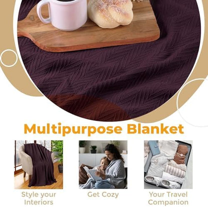 Superior Metro All-Season Cotton Blanket, Woven Blanket for Couch, Bed, Bedding, Farmhouse, Home Essentials, Cute and Cozy Bohemian Blankets, Herringbone Weave, King, Plum