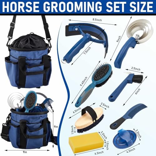 Cunhill 9 Pcs Horse Grooming Kit Tack Room Supplies, Classic, Dark Blue