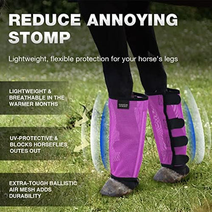 Harrison Howard Loose Fitting Fly Boots UV-Protective Extra Tough Mesh Ventilated Four Fasteners Stay-on Design Protect Horse Legs & Stomp-Reducing Set of 4 Purple Yearling