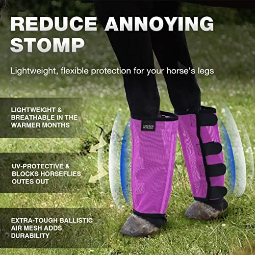 Harrison Howard Loose Fitting Fly Boots UV-Protective Extra Tough Mesh Ventilated Four Fasteners Stay-on Design Protect Horse Legs & Stomp-Reducing Set of 4 Purple Yearling