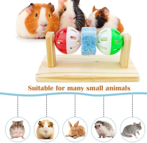 Hamster Enrichment Bell Ball Toys, Natural Guinea Pig Chewing Calcium Stone for Teething, Interactive Wooden Small Anima Cage Toys for Rats, Syrian & Dwarf Hamsters Playing Teeth Grinding