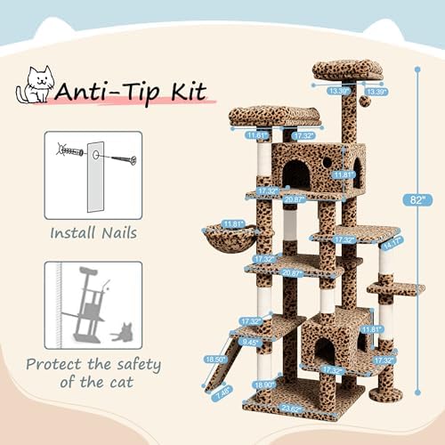 SHA CERLIN 82 inch, Multi-Level Cat Tree Tower for Indoor Cats, Cat Condo with Sisal Scratching Posts, Plush Perches, Hammocks, Toy Balls, Leopard Print