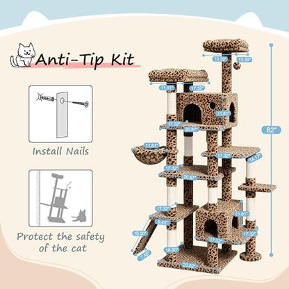 SHA CERLIN 82 inch, Multi-Level Cat Tree Tower for Indoor Cats, Cat Condo with Sisal Scratching Posts, Plush Perches, Hammocks, Toy Balls, Leopard Print