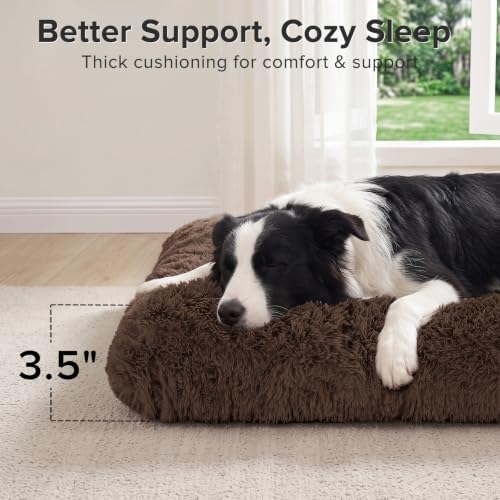 JOEJOY Large Dog Bed Crate Pad, Deluxe Plush Washable Dog Beds Fulffy Soft Kennel Pad Anti-Slip Pet Sleeping Mat for Large Medium Small Dogs, 35" x 23", Brown