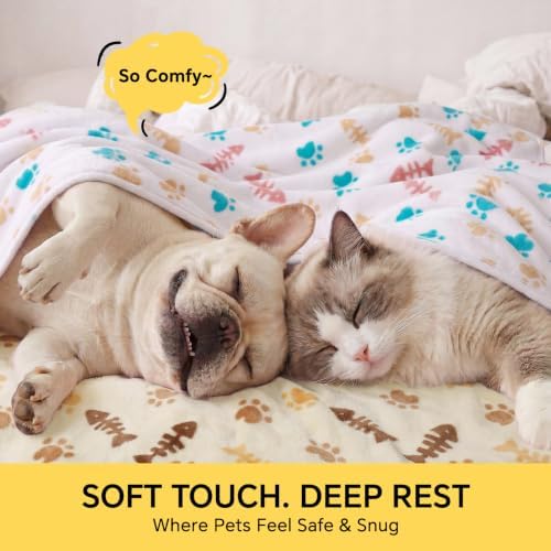 Luciphia 1 Pack 3 Blankets, Cute Cat Printed Fluffy Fleece Pet Blanket for Dogs Cats Washable, Warm Soft Throw Cover for Crate Couch, Gifts Puppy Essentials, White/Grey/Khaki, Large (41x31 inch)