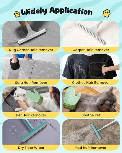 Carpet Rake for Pet Hair Removal Tool - 4 in 1 Pet Hair Remover Kit for Dog Cat Fur Remover, Contain 60" Adjustable Rubber Broom, Glove, Magic Brush and Scraper for Furniture (Blue)