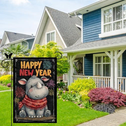Happy New Year Garden Flag 12x18 Double Sided Vertical Linen Small Fireworks Rhino House Flag Welcome Holiday Winter House Outdoor Outside Decorations (27180)