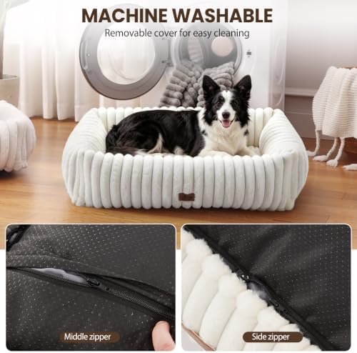 Dog Beds Large Sized Dog,Rectangle Orthopedic Pet Bed for Large Dog, Comfort Fluffy Memory Foam Dog Beds with Anti-Slip Bottom,Cream(35x25x9inchs)