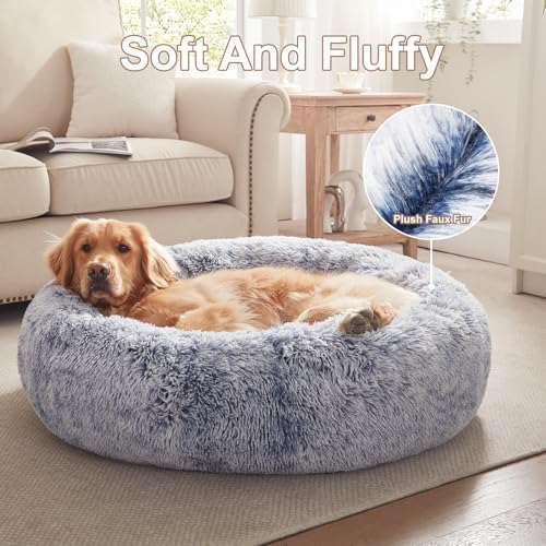 36 inches Faux Fur Fluffy Donut Dog Bed for Large Dogs,Dark Blue