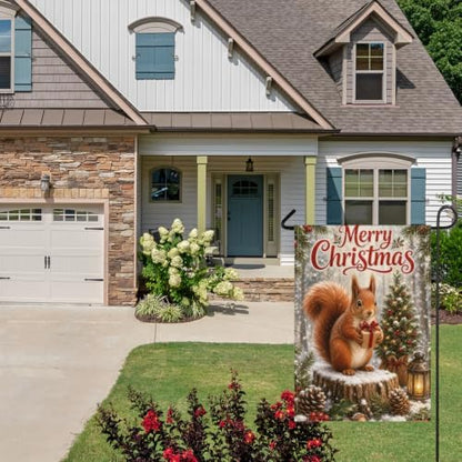 Christmas Squirrel House Flag 28x40 Inch Merry Holiday Gift Tree Lantern Pinecone Holly Snowy Woodland Rustic Outdoor Yard Lawn Porch Double Sided Banner Farmhouse Welcome Decor
