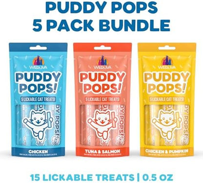 Bundle of Weruva Puddy Pops Lickable Cat Treats in 3 flavors, Chicken, Tuna & Salmon, and Chicken & Pumpkin