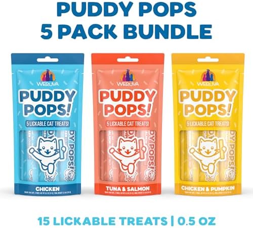 Bundle of Weruva Puddy Pops Lickable Cat Treats in 3 flavors, Chicken, Tuna & Salmon, and Chicken & Pumpkin