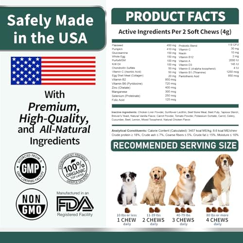 Dog Multivitamin, Glucosamine Chondroitin for Dogs, Dog Vitamins and Supplements, Probiotics, Krill Oil for Hip & Joints, Skin, Coat, Immune Health, Heart, Digestion (180 Chews, Beef)