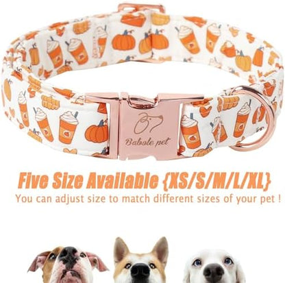 Fall Dog Collar for Small Dogs - Fall Holiday Pumpkin Latte Printed Dog Collars, Adjustable Heavy Duty Pet Collar with Metal Buckle S