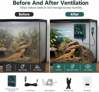 Reptile Ventilation Fan, Auto Temperature/Thermometer Control LED Digital Humidity Gauge, °C/°F Switchable Dehumidifier for Reptile Tank, Rainforest, Ecological Pet Rearing Box